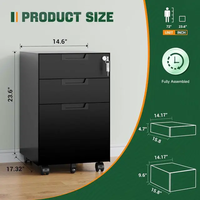 Alt view image 3 of 7 - 3 Drawer Mobile File Cabinet with Lock,Under Desk Metal Small Filing Cabinets for Home Office Organizer Letters/Legal/A4(Fully Assembled Except Wheels-Black)