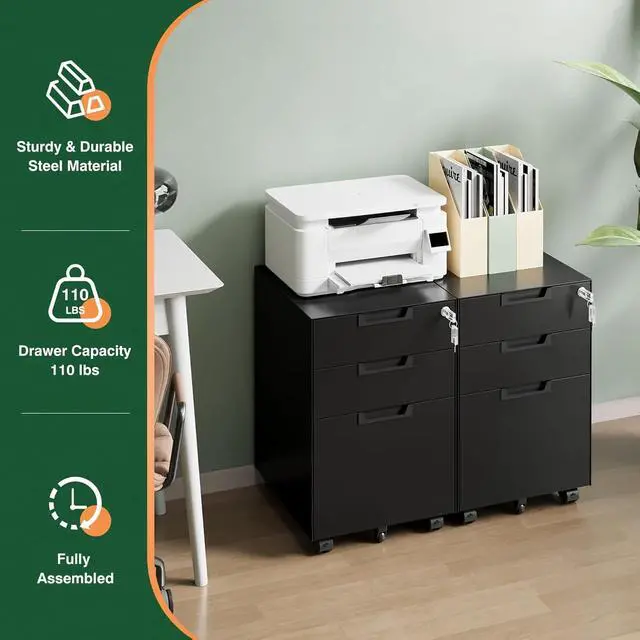 Alt view image 5 of 7 - 3 Drawer Mobile File Cabinet with Lock,Under Desk Metal Small Filing Cabinets for Home Office Organizer Letters/Legal/A4(Fully Assembled Except Wheels-Black)