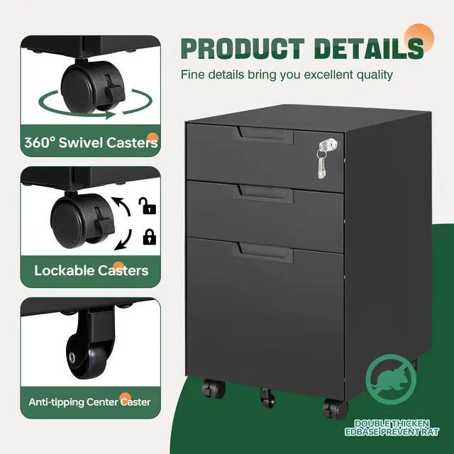 Alt view image 4 of 7 - 3 Drawer Mobile File Cabinet with Lock,Under Desk Metal Small Filing Cabinets for Home Office Organizer Letters/Legal/A4(Fully Assembled Except Wheels-Black)