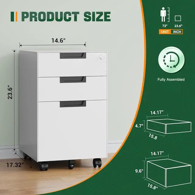 Alt view image 3 of 7 - 3 Drawer Mobile File Cabinet with Lock,Under Desk Metal Small Filing Cabinets for Home Office Organizer Letters/Legal/A4(Fully Assembled Except Wheels-White)