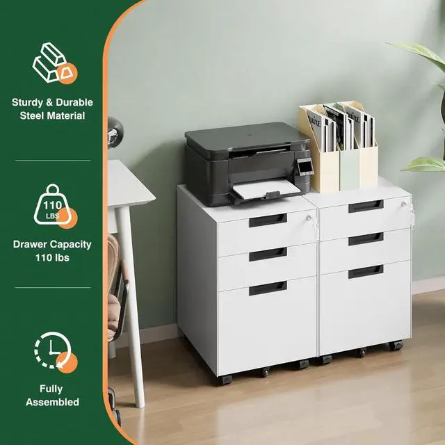 Alt view image 5 of 7 - 3 Drawer Mobile File Cabinet with Lock,Under Desk Metal Small Filing Cabinets for Home Office Organizer Letters/Legal/A4(Fully Assembled Except Wheels-White)