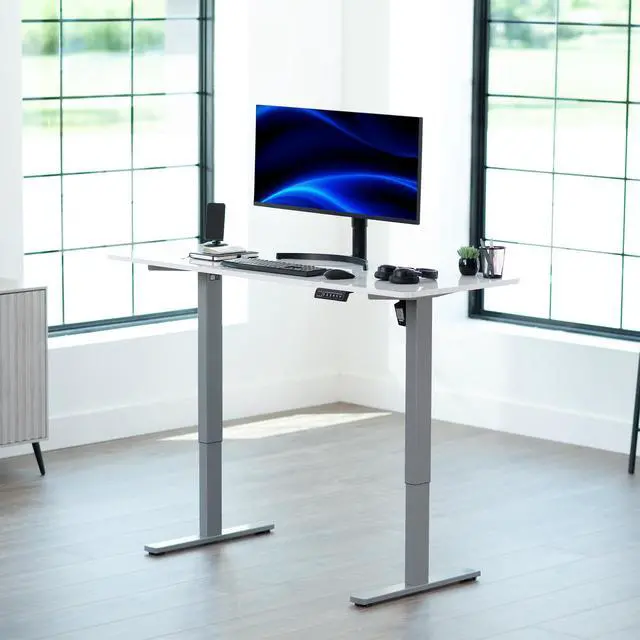 Alt view image 2 of 7 - Marble Dry Erase 60 x 24 in Standing Desk, DESK-KIT-1G6WM | Electric, Holds 220 lbs, Sit Stand, Height Adjustable Whiteboard Marble Pattern Table, One-Piece Top, 1B Series, Gray Frame