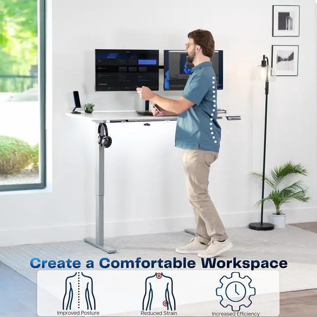 Alt view image 4 of 7 - Marble Dry Erase 60 x 24 in Standing Desk, DESK-KIT-1G6WM | Electric, Holds 220 lbs, Sit Stand, Height Adjustable Whiteboard Marble Pattern Table, One-Piece Top, 1B Series, Gray Frame