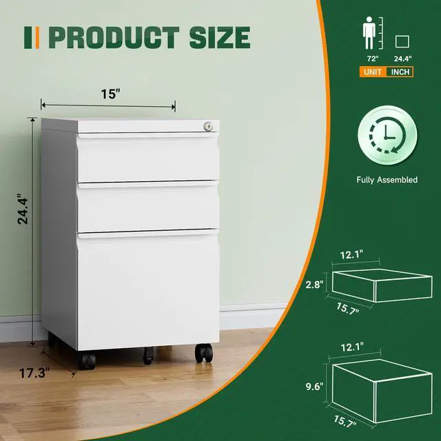 Alt view image 3 of 7 - 3 Drawer Mobile File Cabinet with Lock, Under Desk Metal Filing Cabinets for Home Office Organizer Letters/Legal/A4(Fully Assembled-White)