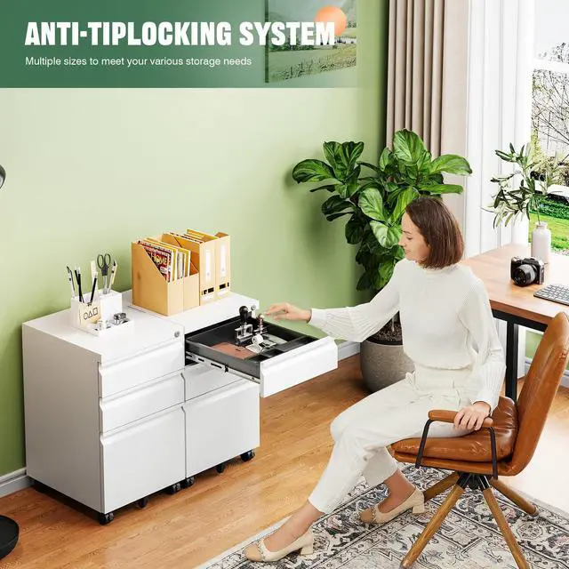 Alt view image 4 of 7 - 3 Drawer Mobile File Cabinet with Lock, Under Desk Metal Filing Cabinets for Home Office Organizer Letters/Legal/A4(Fully Assembled-White)