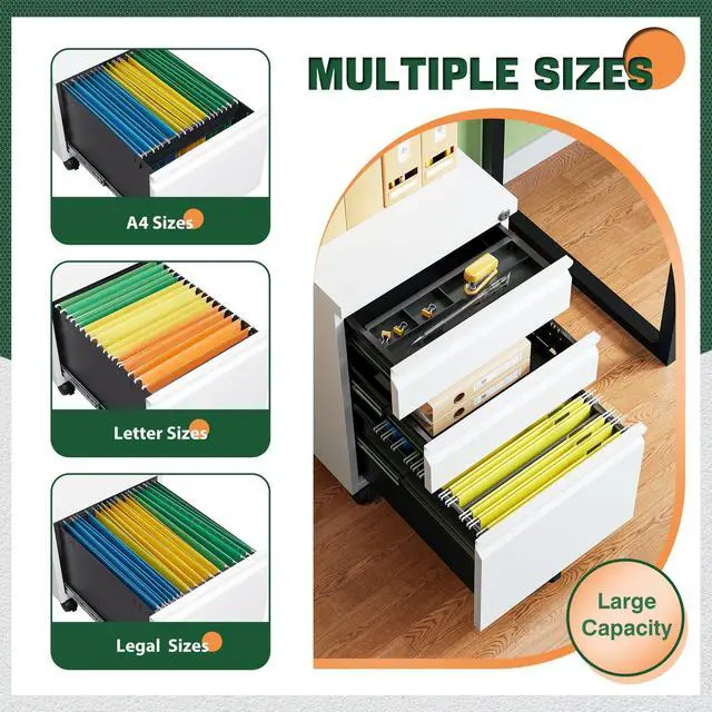 Alt view image 6 of 7 - 3 Drawer Mobile File Cabinet with Lock, Under Desk Metal Filing Cabinets for Home Office Organizer Letters/Legal/A4(Fully Assembled-White)