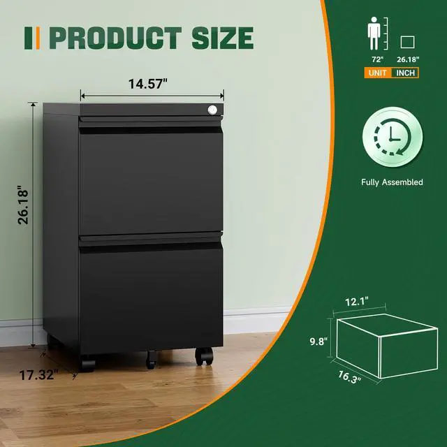 Alt view image 2 of 7 - Mobile File Cabinet with Lock,2 Drawer Under Desk Metal Rolling Filing Cabinets for Home Office Organizer Letters/Legal/A4(Fully Assembled-Black)