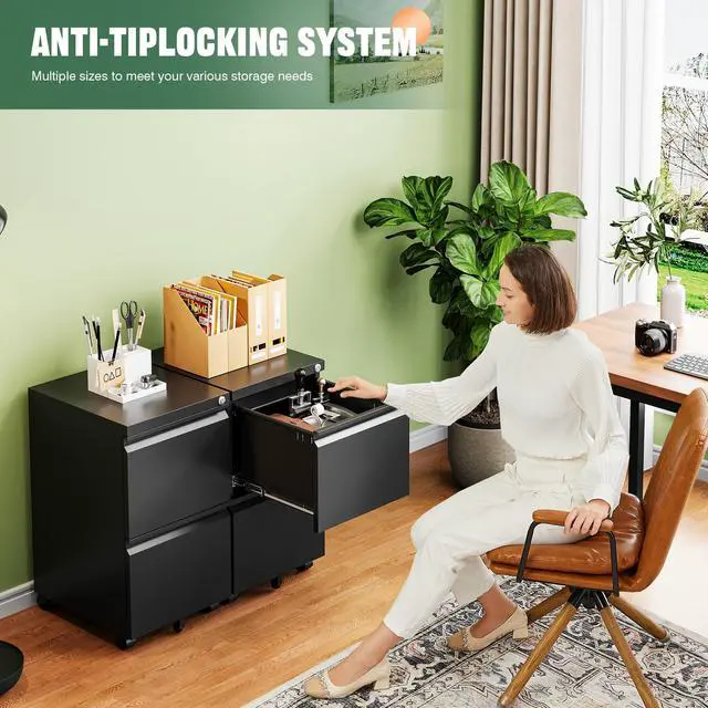 Alt view image 3 of 7 - Mobile File Cabinet with Lock,2 Drawer Under Desk Metal Rolling Filing Cabinets for Home Office Organizer Letters/Legal/A4(Fully Assembled-Black)