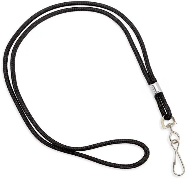 Main image of 100 Pack - Black Lanyard with Swivel Hook - Basic, Round, Thin Braided Non-Breakaway Neck Strap Cord for School Name Tag, Office I'd Card, Keychain, Referee Whistle and More