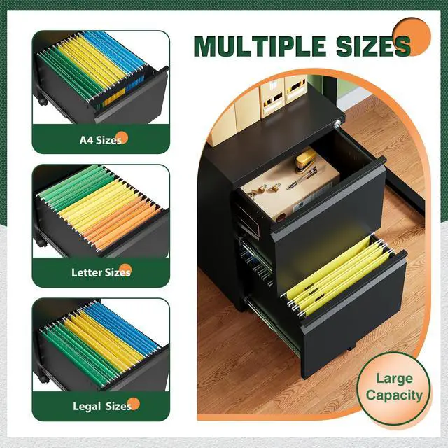 Alt view image 5 of 7 - Mobile File Cabinet with Lock,2 Drawer Under Desk Metal Rolling Filing Cabinets for Home Office Organizer Letters/Legal/A4(Fully Assembled-Black)