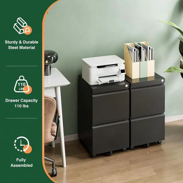 Alt view image 7 of 7 - Mobile File Cabinet with Lock,2 Drawer Under Desk Metal Rolling Filing Cabinets for Home Office Organizer Letters/Legal/A4(Fully Assembled-Black)
