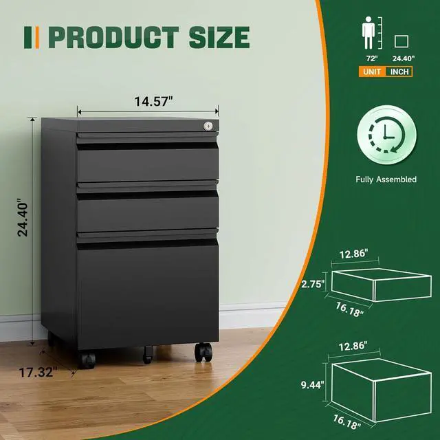 Alt view image 2 of 7 - 3 Drawer Mobile File Cabinet with Lock,Under Desk Metal Filing Cabinets for Home Office Organizer Letters/Legal/A4((Fully Assembled-Black)