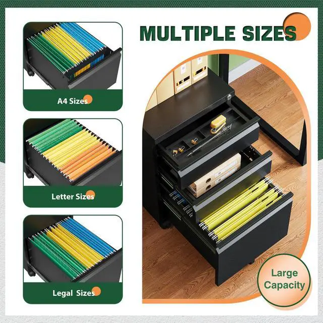 Alt view image 5 of 7 - 3 Drawer Mobile File Cabinet with Lock,Under Desk Metal Filing Cabinets for Home Office Organizer Letters/Legal/A4((Fully Assembled-Black)