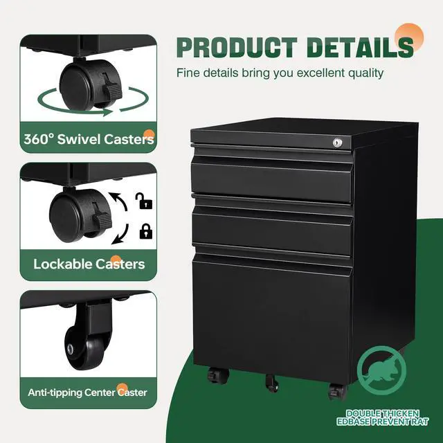 Alt view image 6 of 7 - 3 Drawer Mobile File Cabinet with Lock,Under Desk Metal Filing Cabinets for Home Office Organizer Letters/Legal/A4((Fully Assembled-Black)