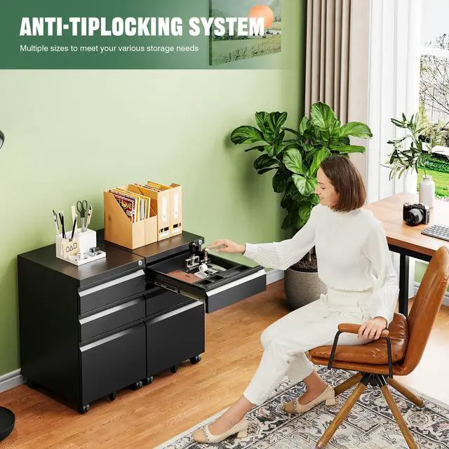 Alt view image 4 of 7 - 3 Drawer Mobile File Cabinet with Lock,Under Desk Metal Filing Cabinets for Home Office Organizer Letters/Legal/A4((Fully Assembled-Black)