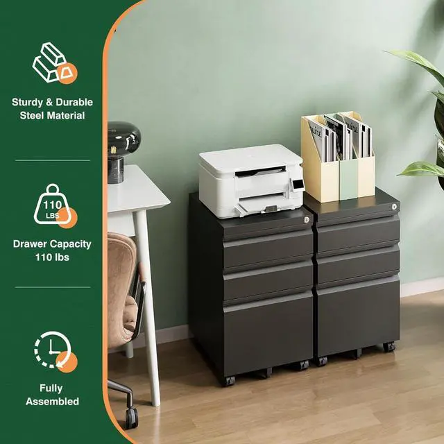 Alt view image 7 of 7 - 3 Drawer Mobile File Cabinet with Lock,Under Desk Metal Filing Cabinets for Home Office Organizer Letters/Legal/A4((Fully Assembled-Black)