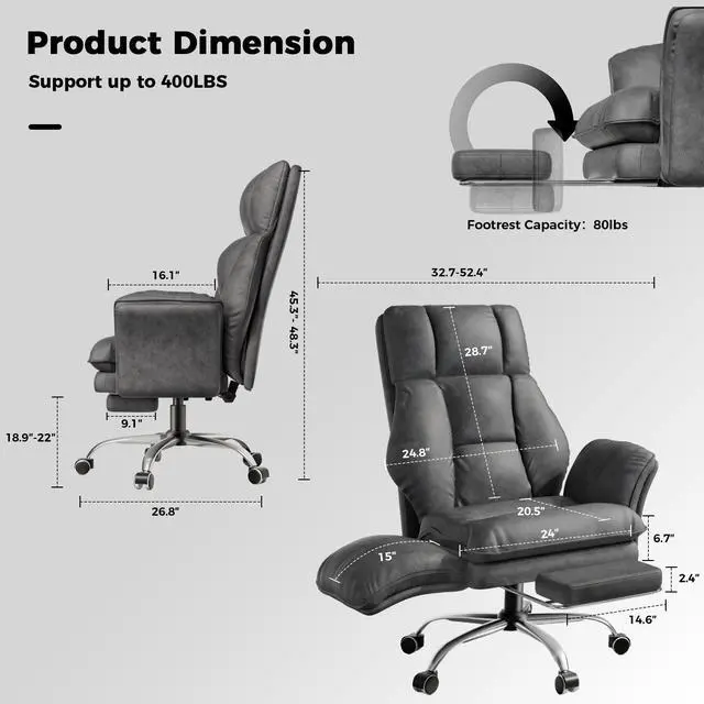 Alt view image 2 of 7 - Big and Tall Office Chair, Flip Armrests for Pets & Cross Legged Sitting | Executive Ergonomic Computer Gaming Chair with Foot Rest, Premium Tech Fabric Wide Seat Reclining Desk Chair
