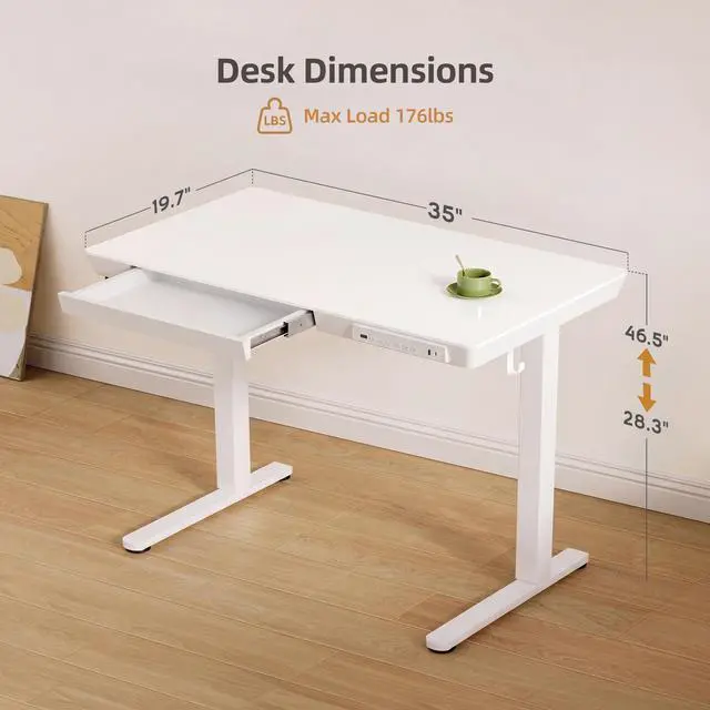 Alt view image 3 of 7 - 35" Small Glass Standing Desk with Drawers & USB Ports, Whole-Piece Glass Top Adjustable Height Desks, Quick-Install Electric Sit-Stand Up Desk for Home Office & Computer Workstation, White