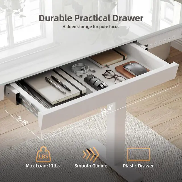 Alt view image 4 of 7 - 35" Small Glass Standing Desk with Drawers & USB Ports, Whole-Piece Glass Top Adjustable Height Desks, Quick-Install Electric Sit-Stand Up Desk for Home Office & Computer Workstation, White