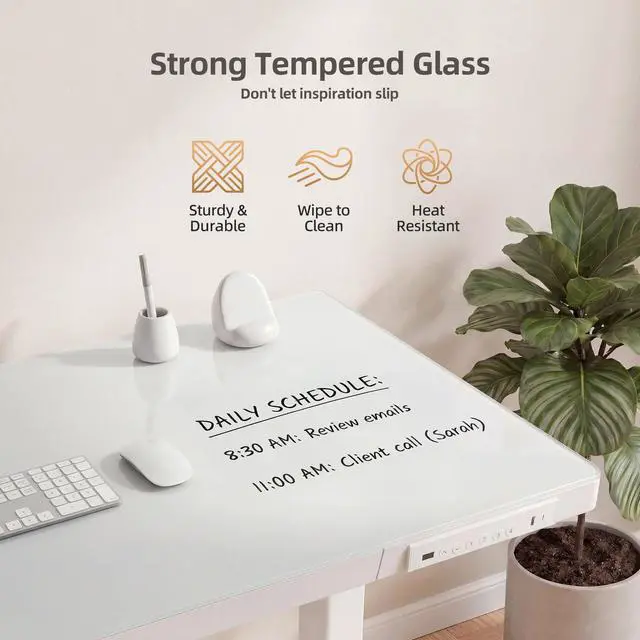Alt view image 6 of 7 - 35" Small Glass Standing Desk with Drawers & USB Ports, Whole-Piece Glass Top Adjustable Height Desks, Quick-Install Electric Sit-Stand Up Desk for Home Office & Computer Workstation, White