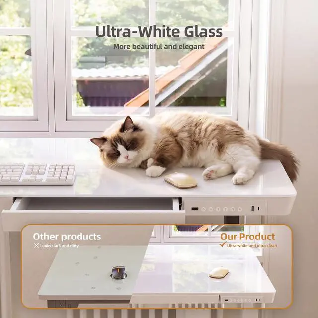 Alt view image 7 of 7 - 35" Small Glass Standing Desk with Drawers & USB Ports, Whole-Piece Glass Top Adjustable Height Desks, Quick-Install Electric Sit-Stand Up Desk for Home Office & Computer Workstation, White