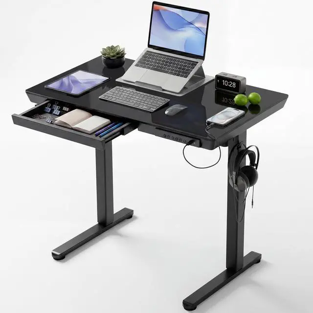 Main image of 35" Small Glass Standing Desk with Drawers & USB Ports, Whole-Piece Glass Top Adjustable Height Desks, Quick-Install Electric Sit-Stand Up Desk for Home Office & Computer Workstation, Black