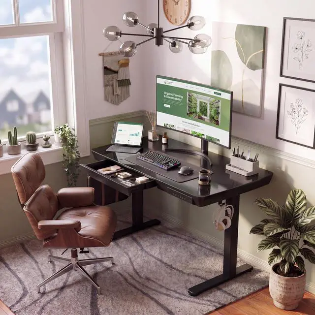 Alt view image 2 of 7 - 35" Small Glass Standing Desk with Drawers & USB Ports, Whole-Piece Glass Top Adjustable Height Desks, Quick-Install Electric Sit-Stand Up Desk for Home Office & Computer Workstation, Black