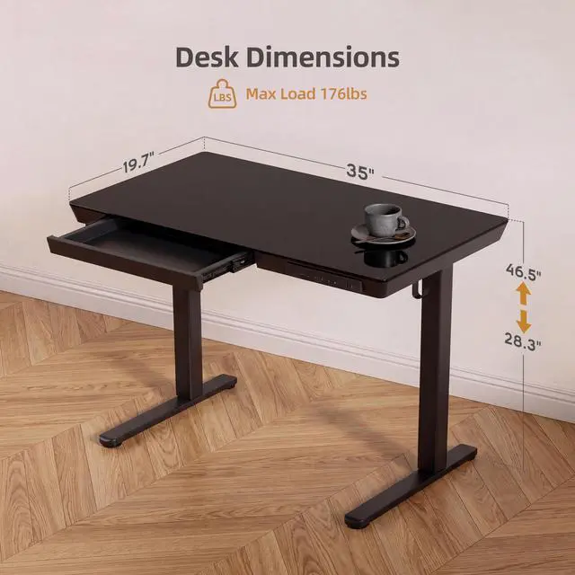 Alt view image 3 of 7 - 35" Small Glass Standing Desk with Drawers & USB Ports, Whole-Piece Glass Top Adjustable Height Desks, Quick-Install Electric Sit-Stand Up Desk for Home Office & Computer Workstation, Black
