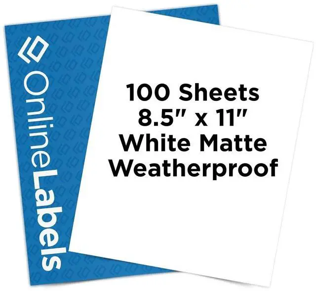 Main image of OnlineLabels 8.5" x 11" Sticker Paper - Waterproof Matte - Inkjet Only | 100 Sheets, Permanent Adhesive, Blank Vinyl-Like Full Sheet White Labels, Inkjet Compatible, Works With Cricut & Silhouette