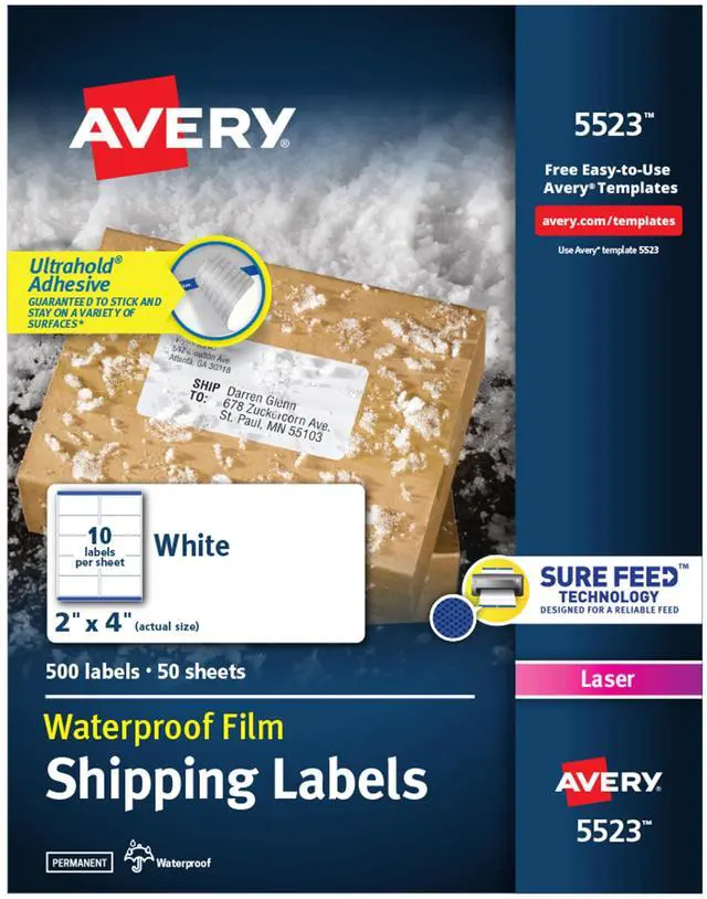 Main image of ® Waterproof Labels with UltraHold® Permanent Adhesive, 2" x 4", 500 Labels for Laser Printers (5523)