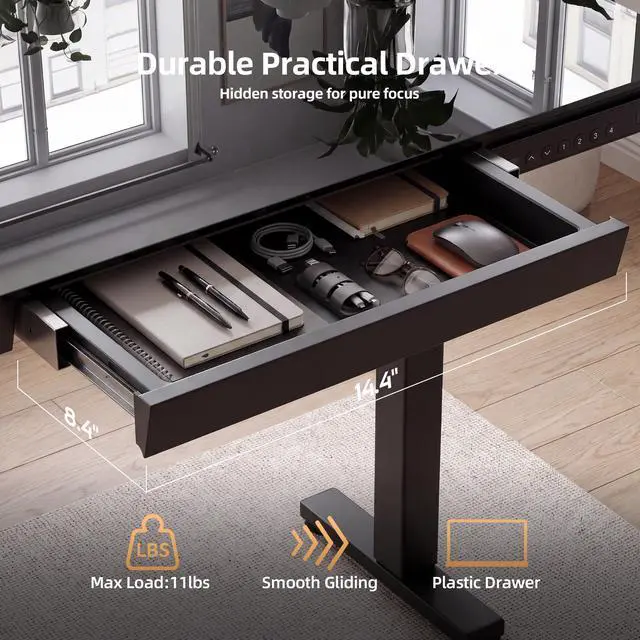Alt view image 5 of 7 - 35" Small Glass Standing Desk with Drawers & USB Ports, Whole-Piece Glass Top Adjustable Height Desks, Quick-Install Electric Sit-Stand Up Desk for Home Office & Computer Workstation, Black