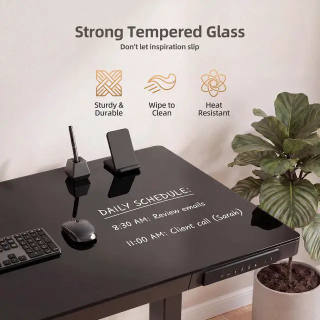Alt view image 6 of 7 - 35" Small Glass Standing Desk with Drawers & USB Ports, Whole-Piece Glass Top Adjustable Height Desks, Quick-Install Electric Sit-Stand Up Desk for Home Office & Computer Workstation, Black
