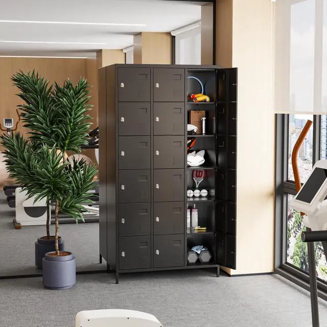 Alt view image 6 of 7 - 18-Door Metal Employee Locker with Padlock Hasps, Black | 72"H x 35.4"W x 15.75"D steel locker with vented doors, name card slots, raised legs and required assembly