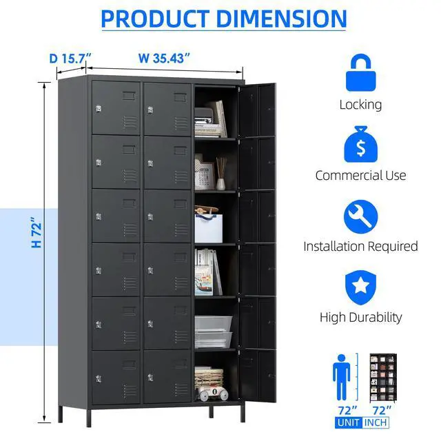 Alt view image 3 of 7 - 18-Door Metal Locker with Lockable Compartments, Black | 18 lockable compartments with vents and name slots for employee storage in offices, gyms, workshops and break rooms