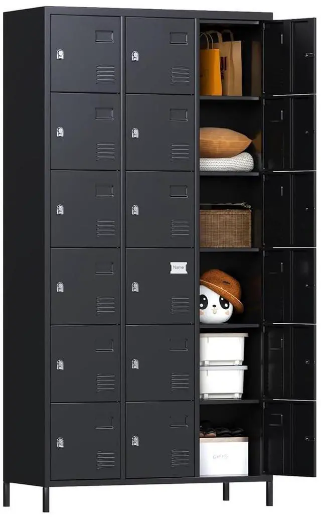 Main image of 18-Door Metal Locker with Lockable Compartments, Black | 18 lockable compartments with vents and name slots for employee storage in offices, gyms, workshops and break rooms