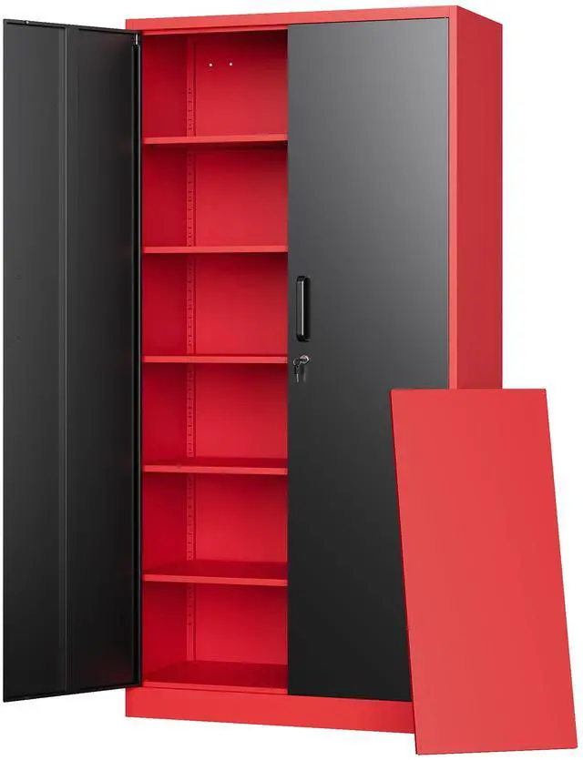 Main image of Metal Garage Storage Cabinets with Lock, 72" Tall Locker Organizer Steel Tool Cabinets,5 Adjustable Shelves 2 Doors for Home Office, Warehouse,Garage,Industrial,Employee (Black Red)