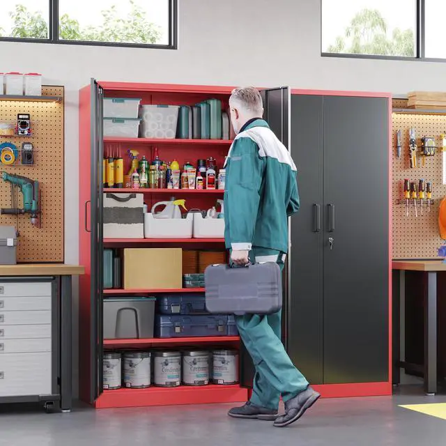 Alt view image 2 of 7 - Metal Garage Storage Cabinets with Lock, 72" Tall Locker Organizer Steel Tool Cabinets,5 Adjustable Shelves 2 Doors for Home Office, Warehouse,Garage,Industrial,Employee (Black Red)