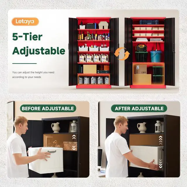 Alt view image 4 of 7 - Metal Garage Storage Cabinets with Lock, 72" Tall Locker Organizer Steel Tool Cabinets,5 Adjustable Shelves 2 Doors for Home Office, Warehouse,Garage,Industrial,Employee (Black Red)