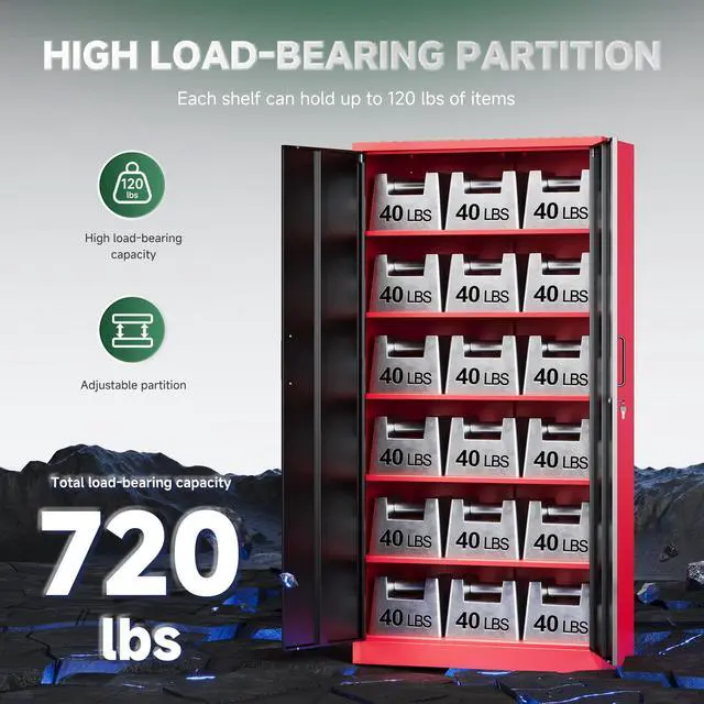 Alt view image 5 of 7 - Metal Garage Storage Cabinets with Lock, 72" Tall Locker Organizer Steel Tool Cabinets,5 Adjustable Shelves 2 Doors for Home Office, Warehouse,Garage,Industrial,Employee (Black Red)