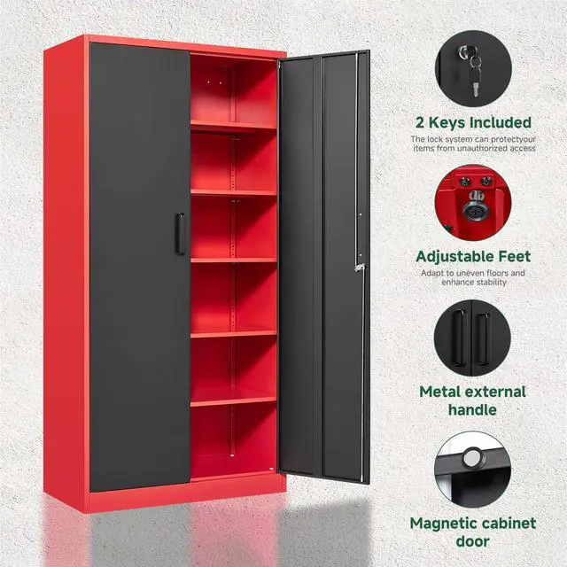Alt view image 6 of 7 - Metal Garage Storage Cabinets with Lock, 71" Tall Locker Organizer Steel Tool Cabinets,5 Adjustable Shelves 2 Doors for Home Office, Warehouse,Garage,Industrial,Employee (Black Red)
