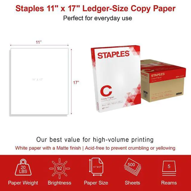Alt view image 3 of 7 - Copy Paper, 11x17 Inch Ledger Size, 92 Brightness, 20 lb., 500/Ream | For office, school & home use. Smooth finish for crisp printing in copiers and printers