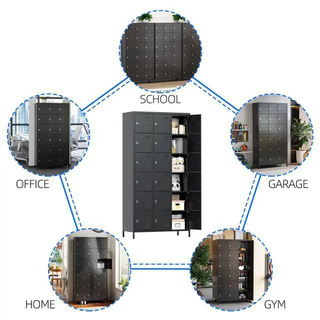 Alt view image 4 of 7 - 18-Door Metal Employee Locker with Padlock Hasps, Black | 72"H x 35.4"W x 15.75"D steel locker with vented doors, name card slots, raised legs and required assembly