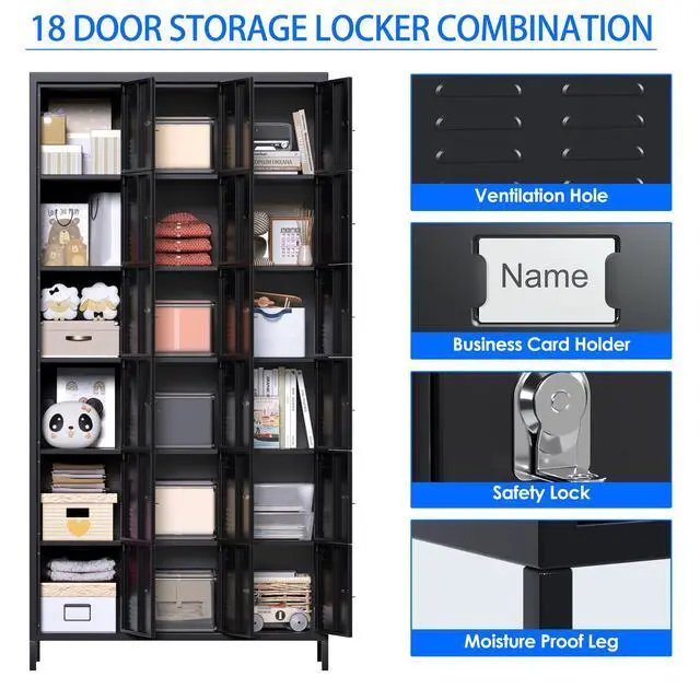 Alt view image 7 of 7 - 18-Door Metal Locker with Lockable Compartments, Black | 18 lockable compartments with vents and name slots for employee storage in offices, gyms, workshops and break rooms