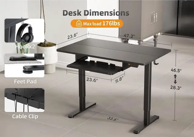 Alt view image 3 of 7 - Adjustable Standing Desk with Keyboard Tray 48 x 24 Inches Black | Waterproof splice tabletop, 23.6 x 11.8 inch slide-out tray, 28.3 to 46.5 inch electric height with 4 presets