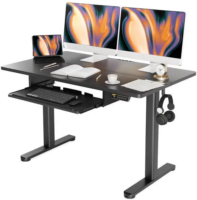 Main image of Adjustable Standing Desk with Keyboard Tray 48 x 24 Inches Black | Waterproof splice tabletop, 23.6 x 11.8 inch slide-out tray, 28.3 to 46.5 inch electric height with 4 presets