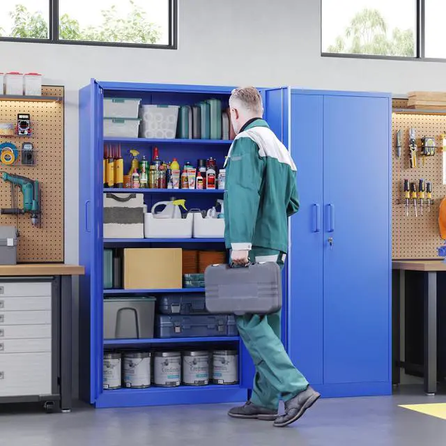 Alt view image 2 of 7 - Metal Garage Storage Cabinets with Lock Door and Adjustable Shelves, Steel Tool Cabinets for Home,Office,Warehouse Organisieren (Blue)