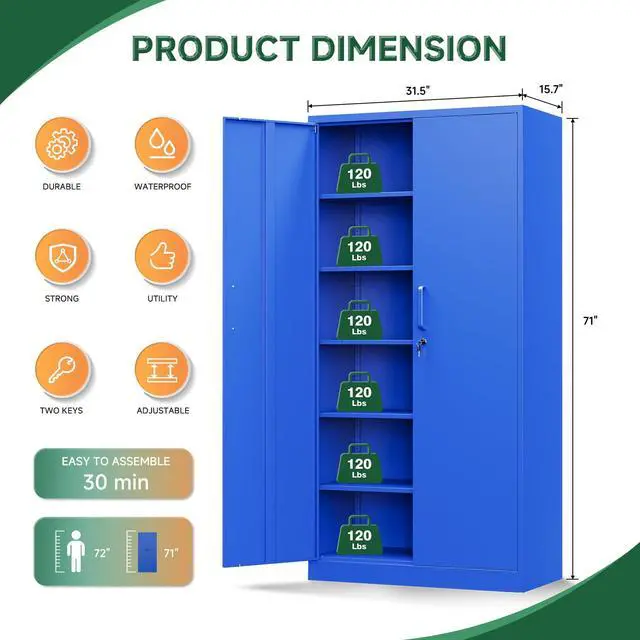 Alt view image 3 of 7 - Metal Garage Storage Cabinets with Lock Door and Adjustable Shelves, Steel Tool Cabinets for Home,Office,Warehouse Organisieren (Blue)