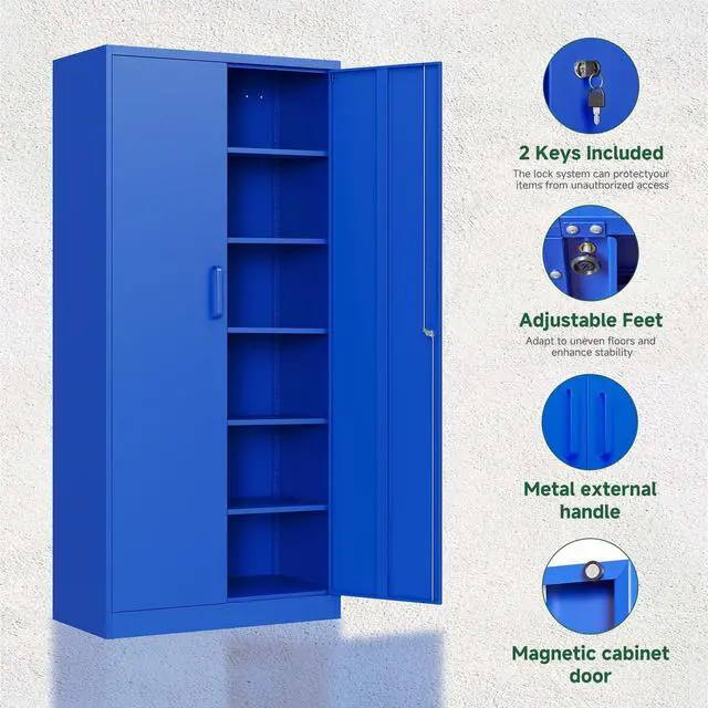 Alt view image 4 of 7 - Metal Garage Storage Cabinets with Lock Door and Adjustable Shelves, Steel Tool Cabinets for Home,Office,Warehouse Organisieren (Blue)