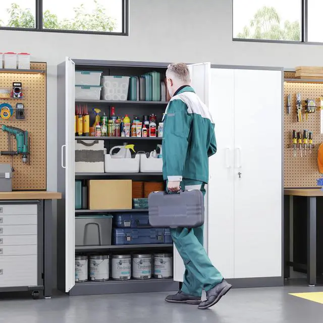 Alt view image 2 of 7 - Metal Storage Cabinet with Lock Door, 71" Adjustable Shelf Steel Lockers for Office, Home,School,Garage Utility Tool Cabinet (2 Door-White&Gray)