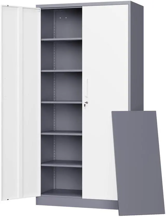 Main image of Metal Storage Cabinet with Lock Door and 5 Shelves,6 Tier Steel Garage Tool Cabinet for Home Office Utility Room 72" H X 36" W X18 D (White Gray)